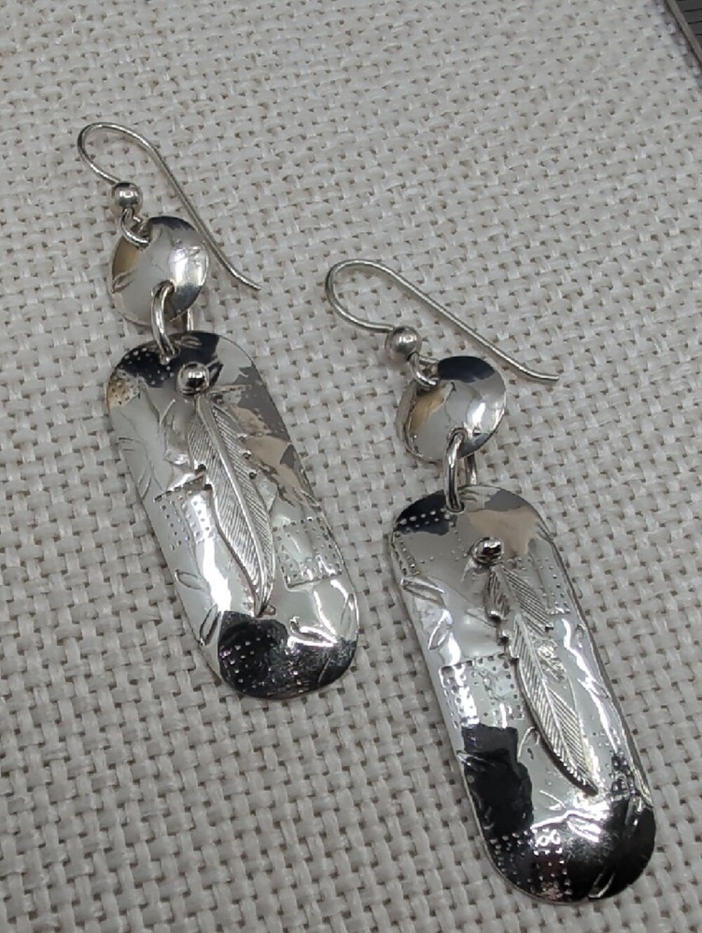 Vintage Artisan Sterling Silver Feather Drop Earrings Handmade 925
